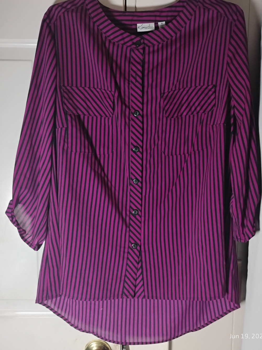 Kim Rogers Purple and Black Striped Button-Front Blouse